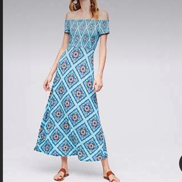 Loft Beach Blue Smocked Off The Shoulders Short Sleeve Flowy Maxi Dress XS - Picture 1 of 14